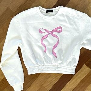SOCIAL SCENE Fleece Sweatshirt Women's SIZE X-SMALL XS White Pink Bow Top NEW